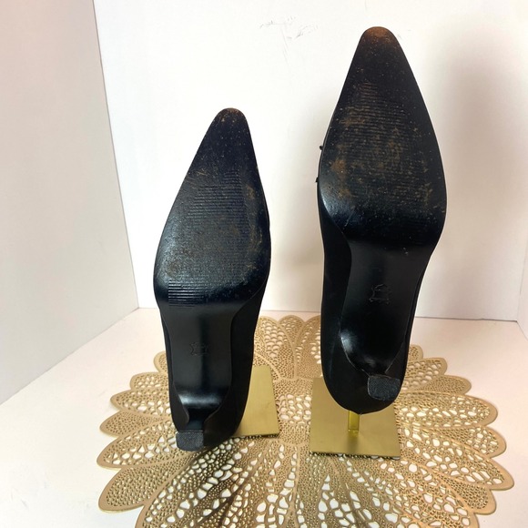 Vintage Impo Black Satin Pointed Toe Beaded Floral Lace Evening Pumps kitt Heels - Picture 6 of 9